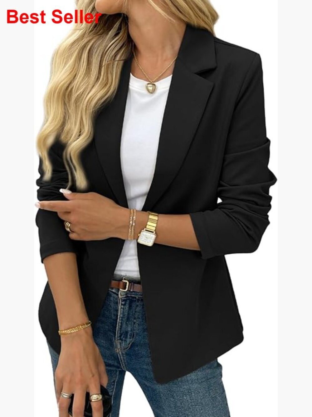 Stretchy Knit Long Sleeve Blazer, Business Casual Open Front Jacket